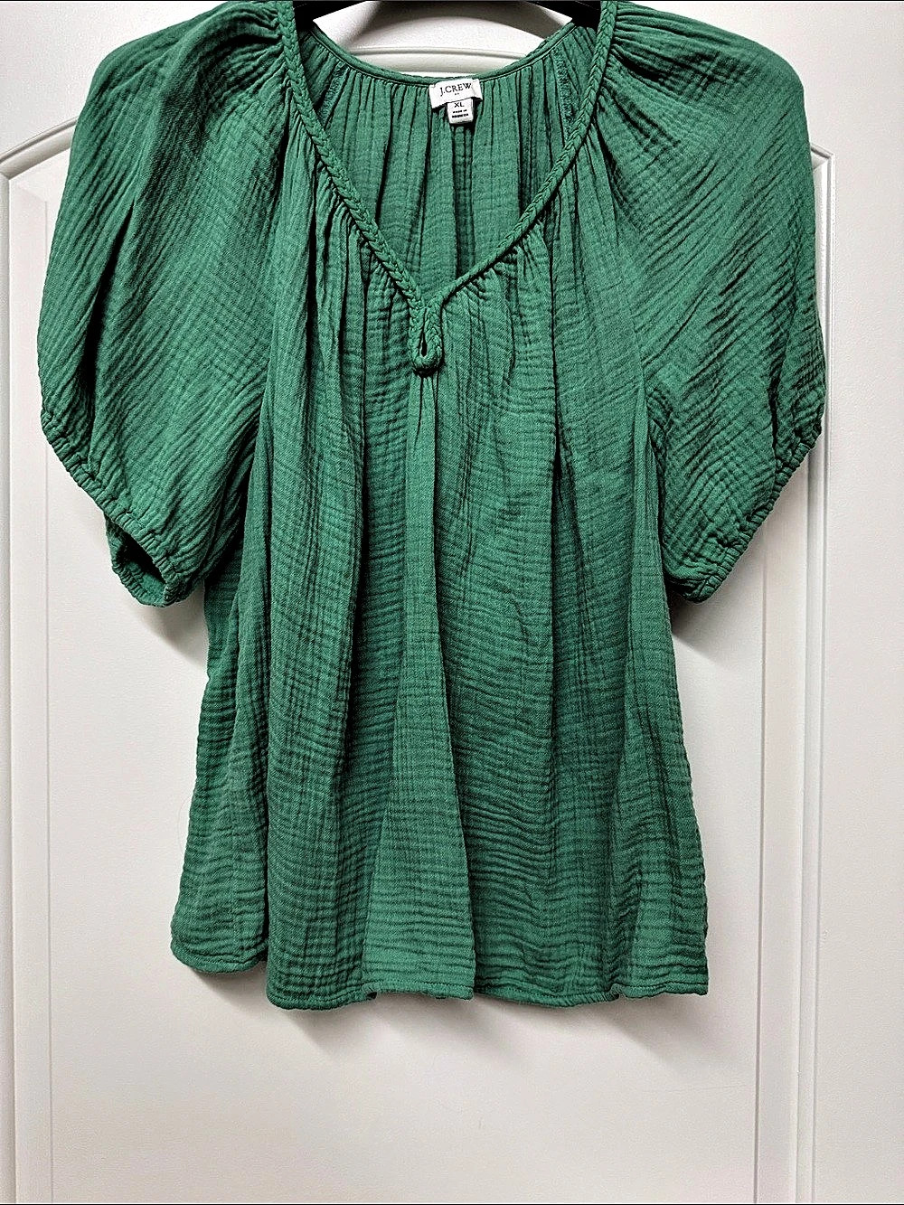 J.Crew Puff-sleeve Braided-neckline Gauze Top Green XL